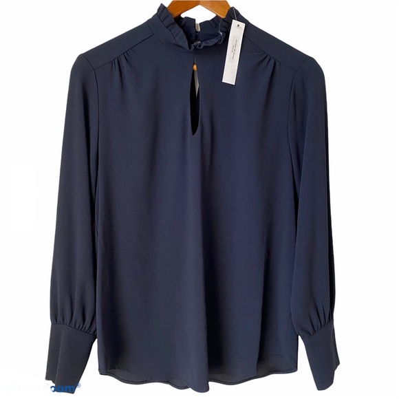 Drew Hannah Navy Ruffle Mock Neck Keyhole Blouse - Picture 1 of 16